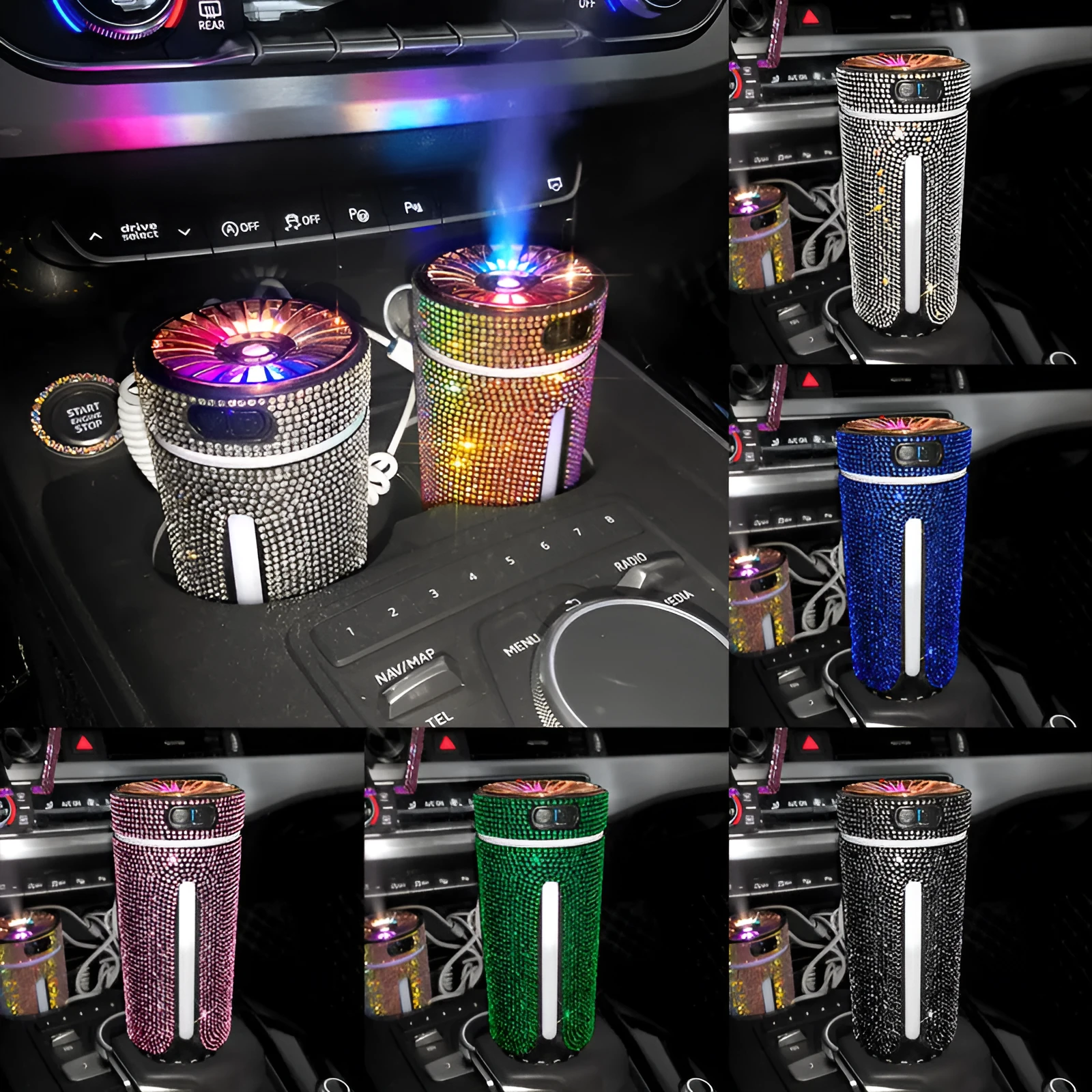 Luxury diamond car humidifier with LED light USB ultrasonic mini air purifier in black