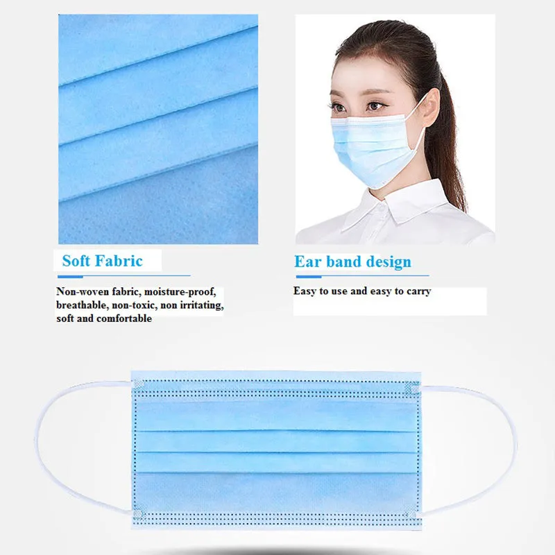 Disposable 3-ply non-woven medical surgical face mask in light blue with ear loops