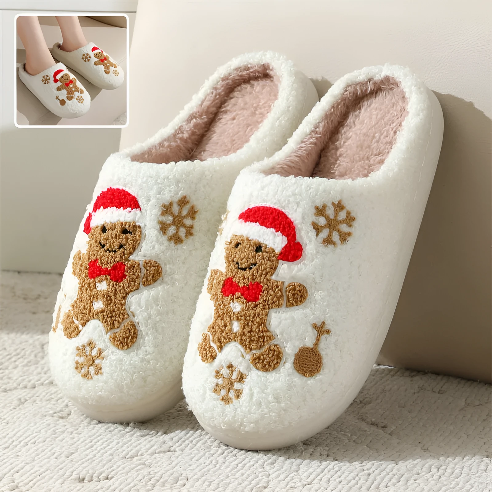 Christmas snowflake gingerbread pattern slippers with plush upper and TPR sole on a wooden floor
