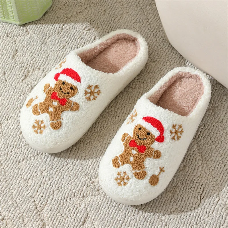 Christmas snowflake gingerbread pattern slippers with plush upper and TPR sole on a wooden floor