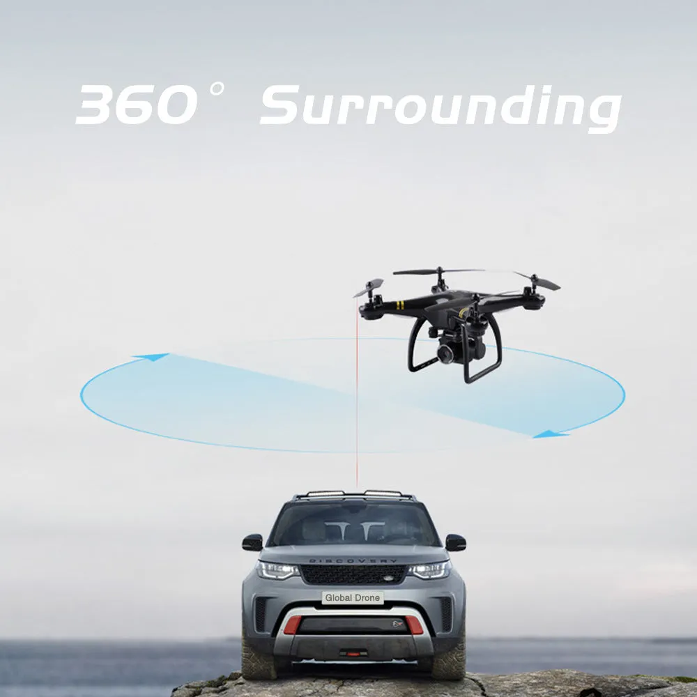 Black 5G GPS quadcopter drone with HD camera and fence guards on a flat surface