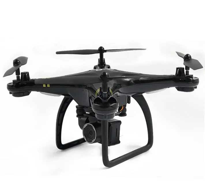 Black 5G GPS quadcopter drone with HD camera and fence guards on a flat surface
