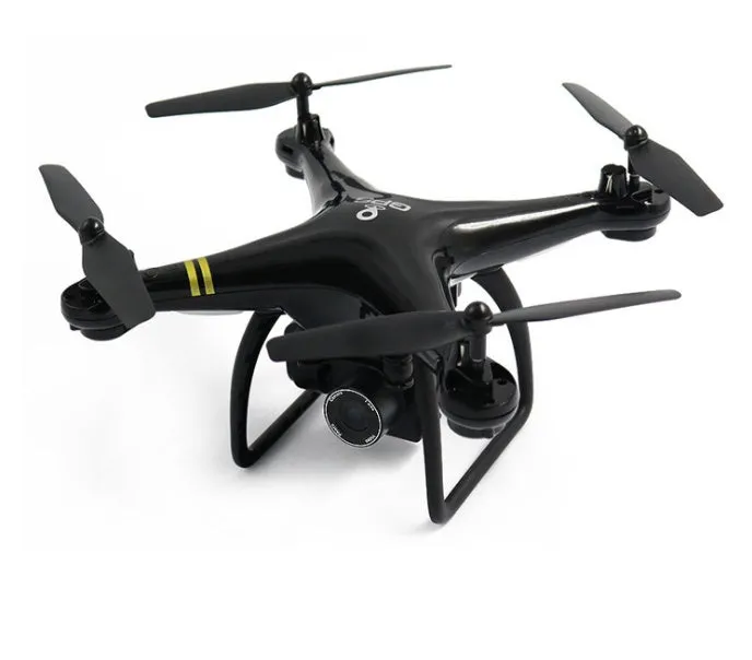 Black 5G GPS quadcopter drone with HD camera and fence guards on a flat surface