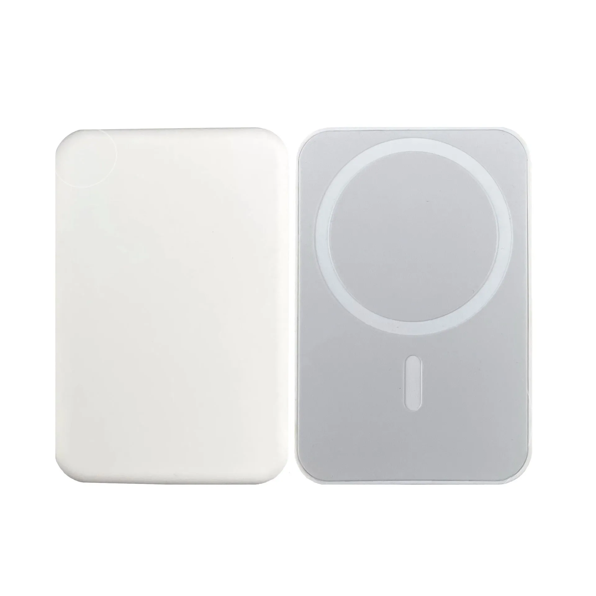 White magnetic wireless charger power bank with 5000mAh capacity measuring 100x65mm