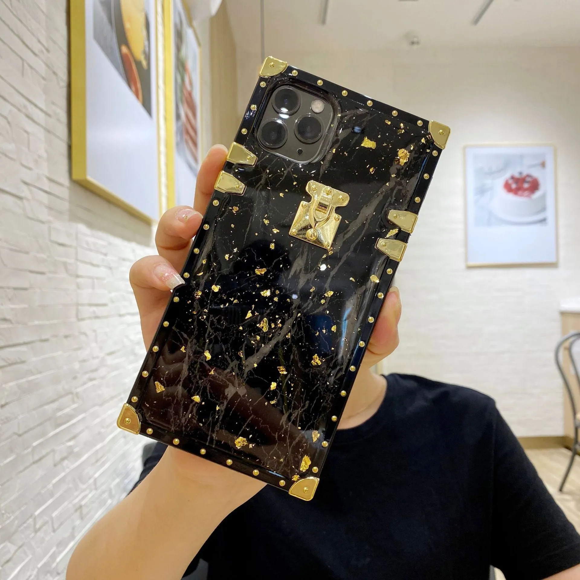 Marbled gold foil epoxy TPU phone case back cover for Apple iPhone and Samsung models in solid colour with gold accents