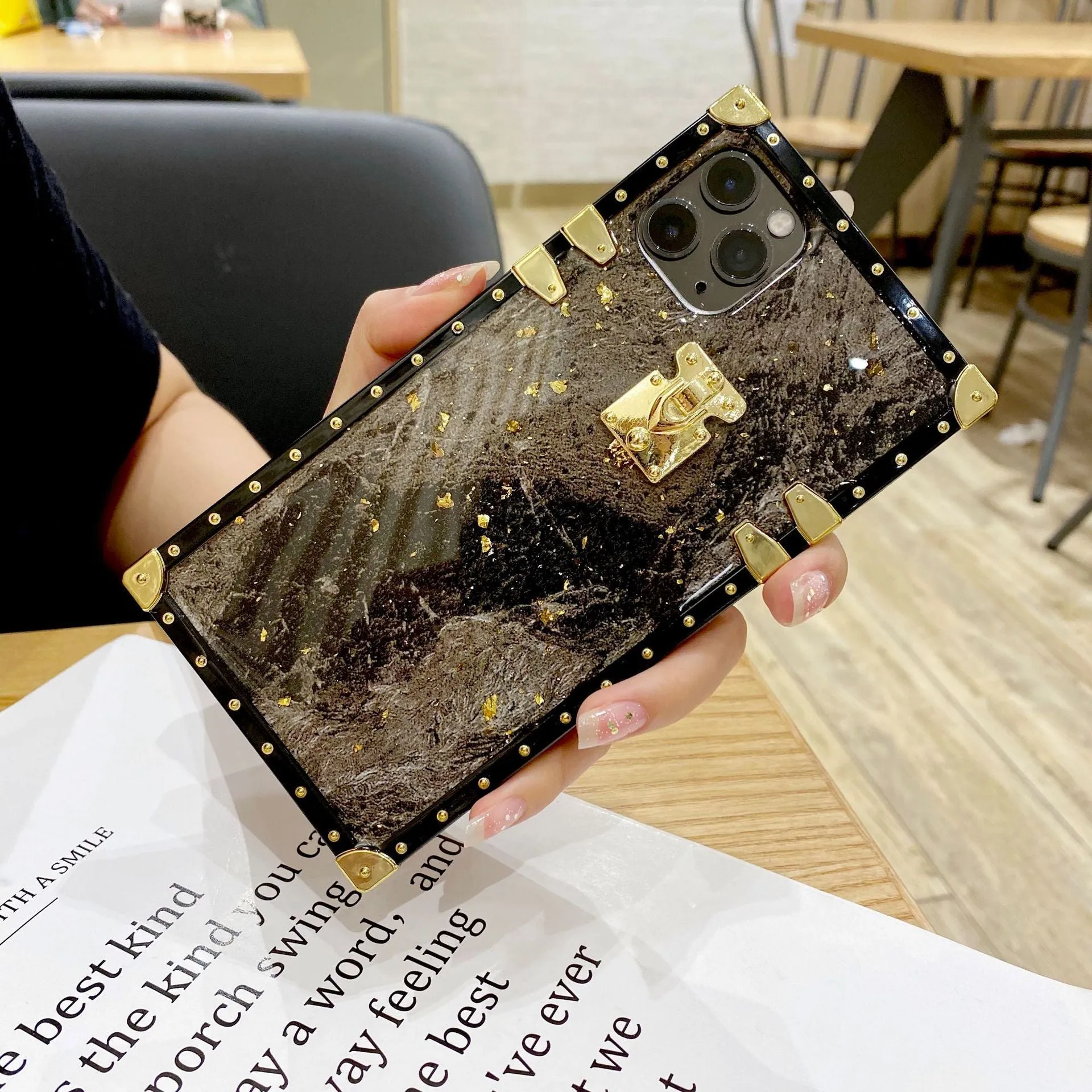 Marbled gold foil epoxy TPU phone case back cover for Apple iPhone and Samsung models in solid colour with gold accents