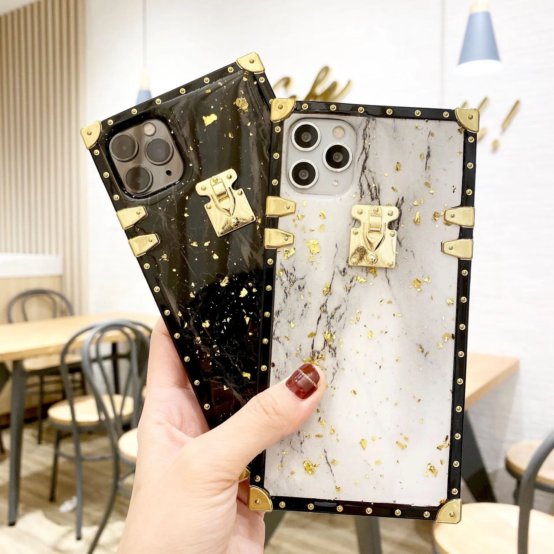 Marbled gold foil epoxy TPU phone case back cover for Apple iPhone and Samsung models in solid colour with gold accents