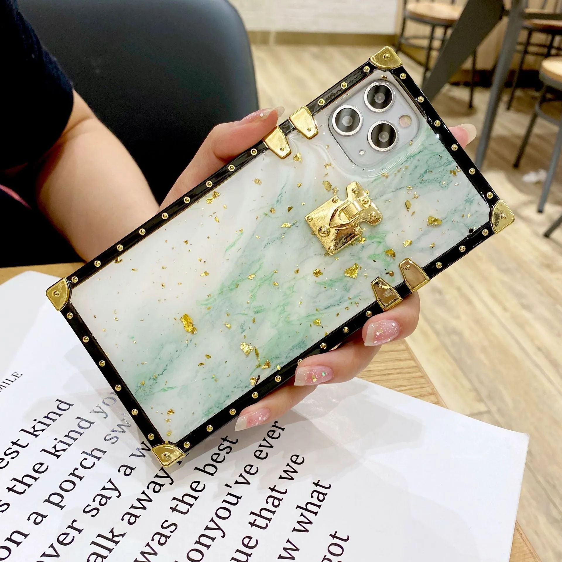 Marbled gold foil epoxy TPU phone case back cover for Apple iPhone and Samsung models in solid colour with gold accents