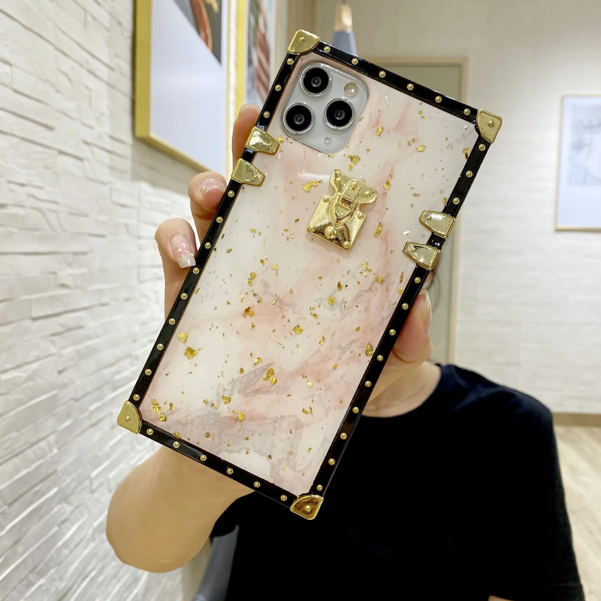 Marbled gold foil epoxy TPU phone case back cover for Apple iPhone and Samsung models in solid colour with gold accents