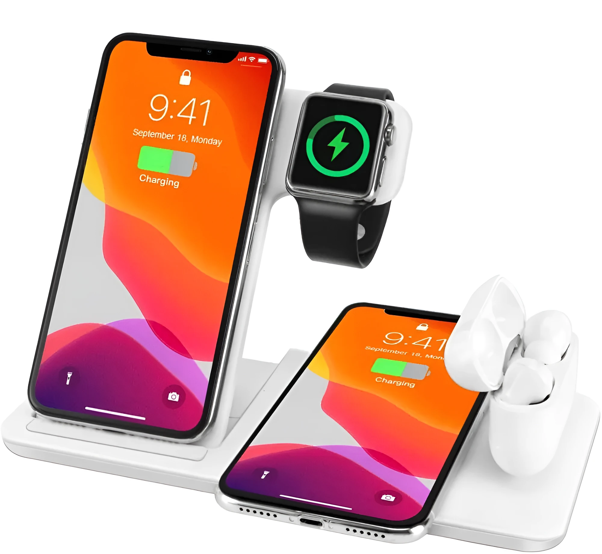 Fdgao 15W 4 In 1 desktop wireless charger in black with dual coils, charging a phone, Apple Watch, and Airpods
