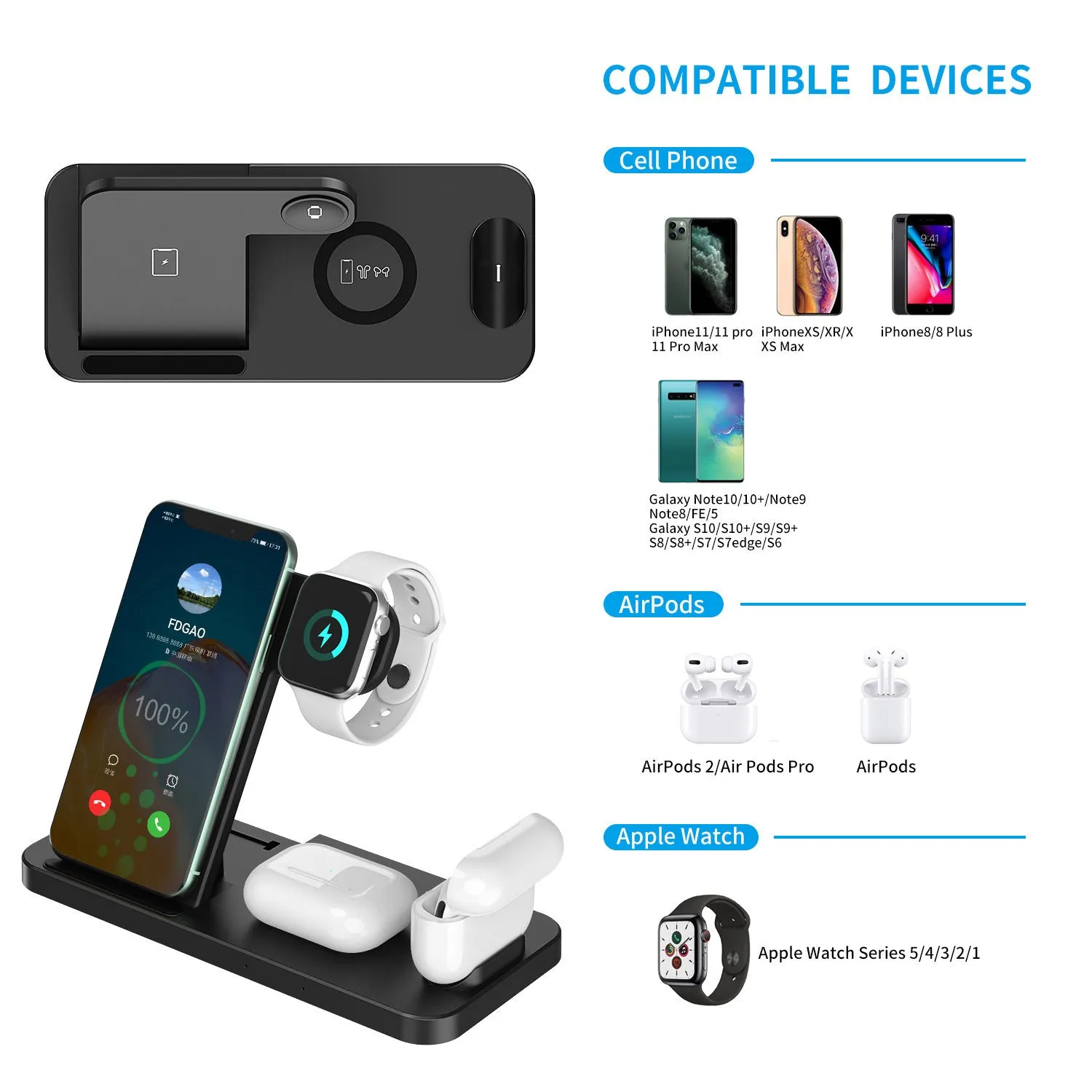 Fdgao 15W 4 In 1 desktop wireless charger in black with dual coils, charging a phone, Apple Watch, and Airpods