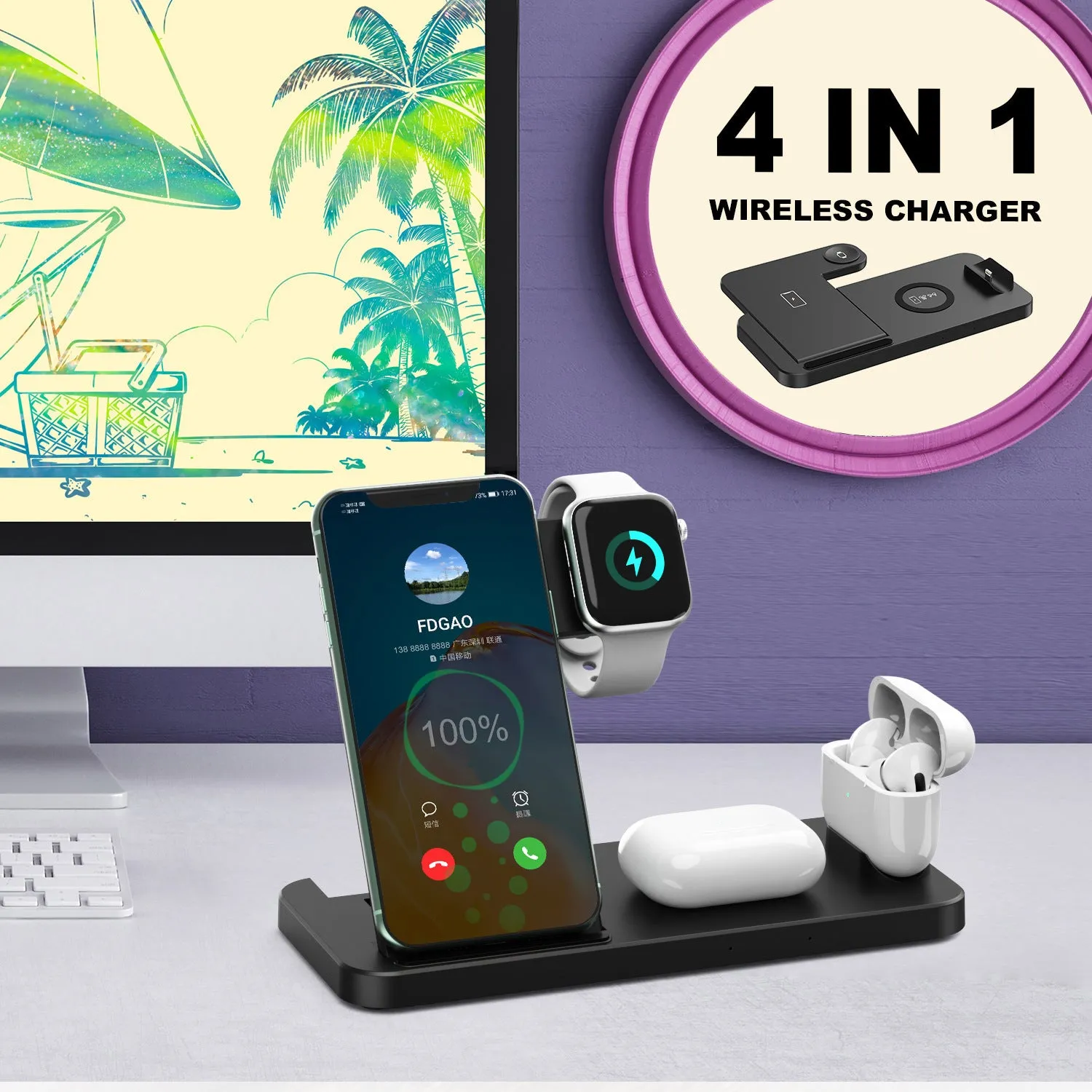 Fdgao 15W 4 In 1 desktop wireless charger in black with dual coils, charging a phone, Apple Watch, and Airpods