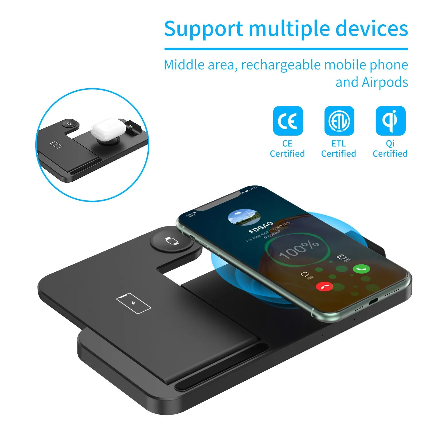 Fdgao 15W 4 In 1 desktop wireless charger in black with dual coils, charging a phone, Apple Watch, and Airpods