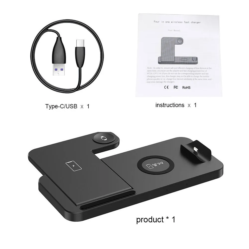 Fdgao 15W 4 In 1 desktop wireless charger in black with dual coils, charging a phone, Apple Watch, and Airpods