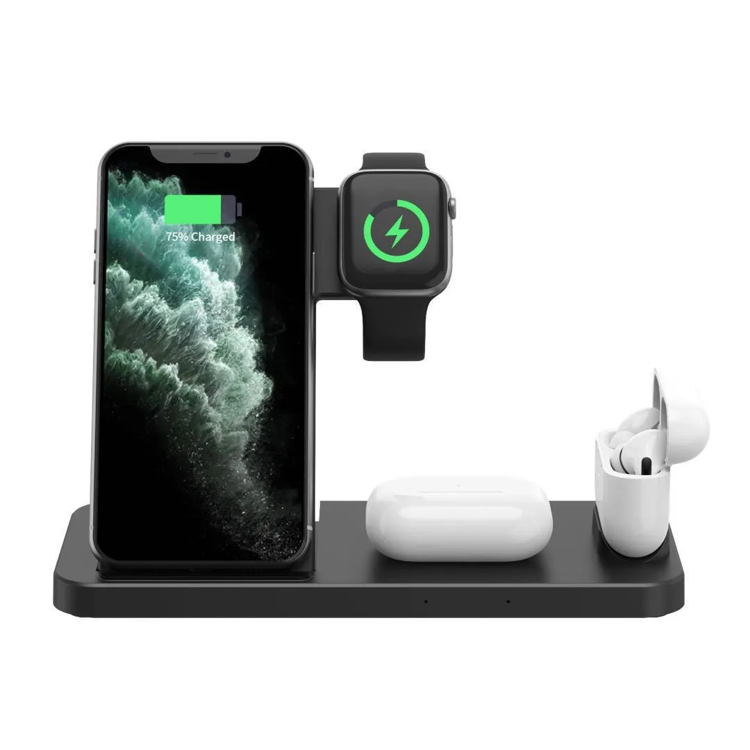 Fdgao 15W 4 In 1 desktop wireless charger in black with dual coils, charging a phone, Apple Watch, and Airpods