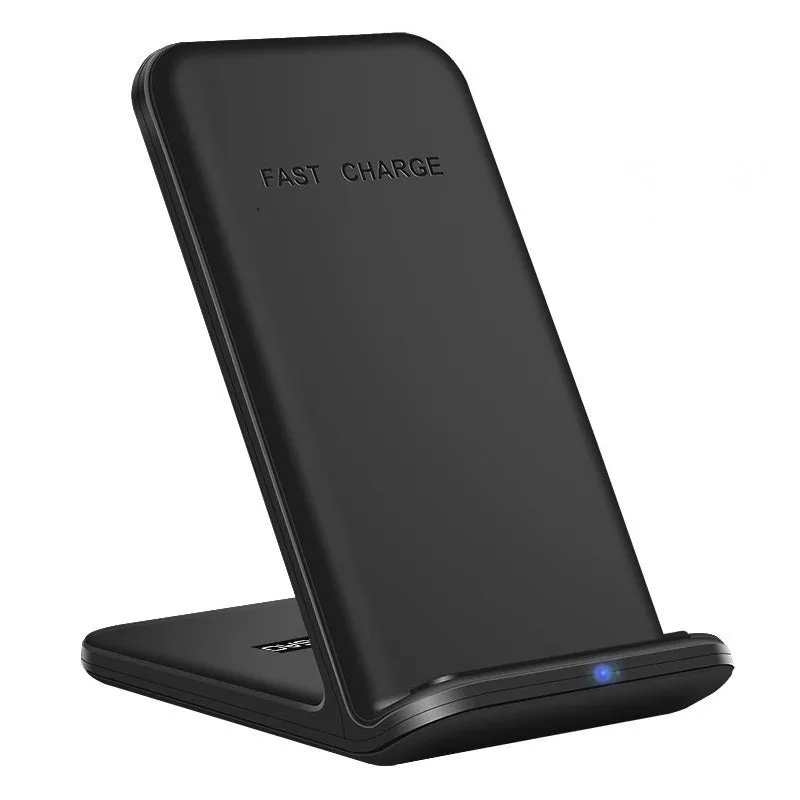 Fdgao 15W 4 In 1 desktop wireless charger in black with dual coils, charging a phone, Apple Watch, and Airpods