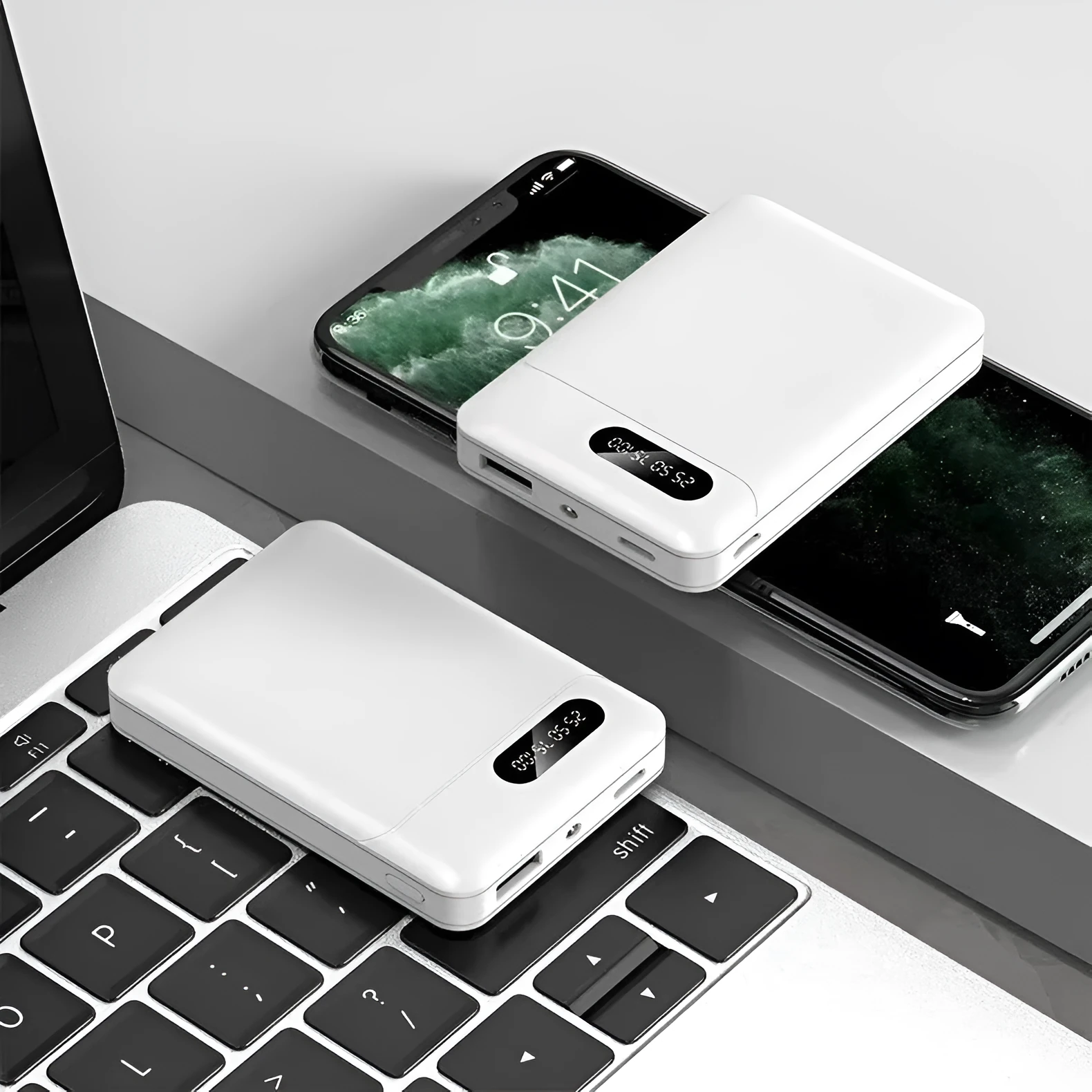 White or black plastic portable power bank with USB ports showing dimensions 92mm x 63mm x 23mm
