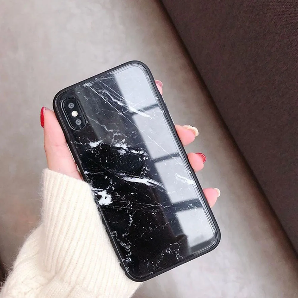 Marble glass phone case with TPU bumper for iPhone 6 to XS Max, Beige colour option