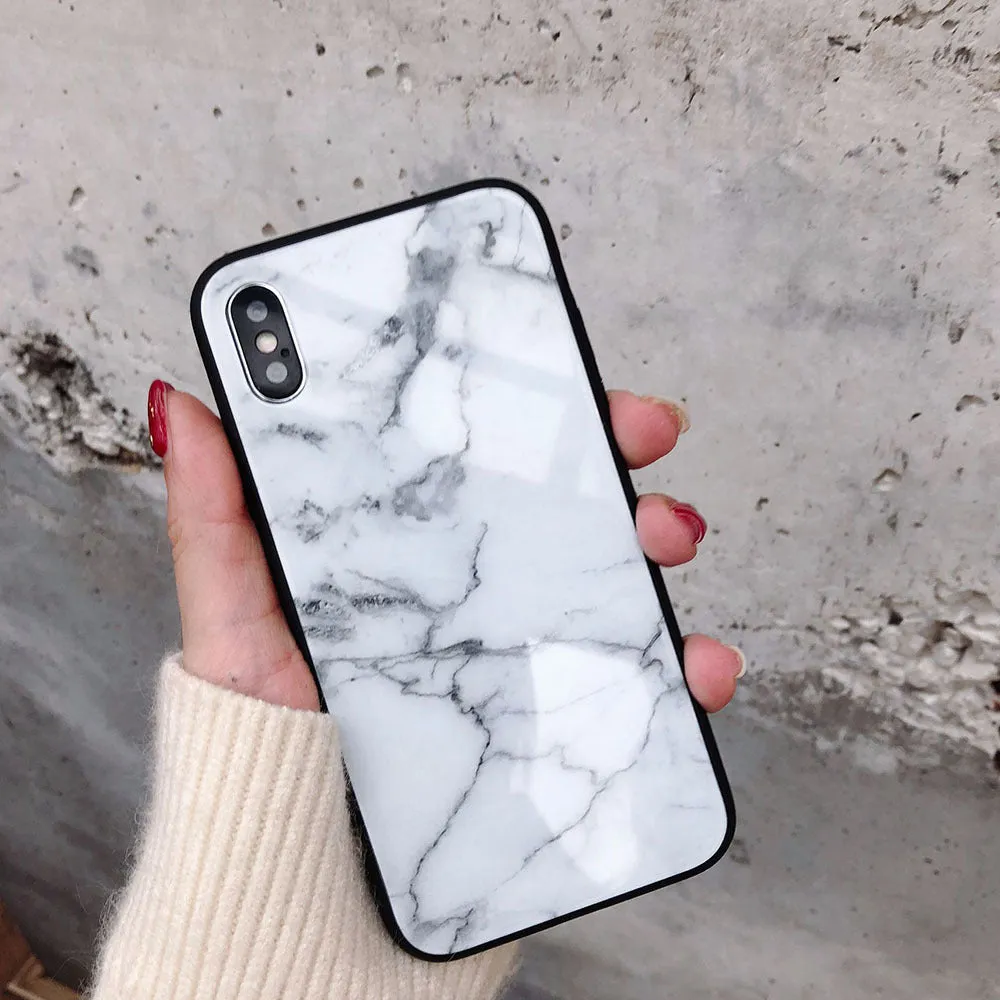 Marble glass phone case with TPU bumper for iPhone 6 to XS Max, Beige colour option