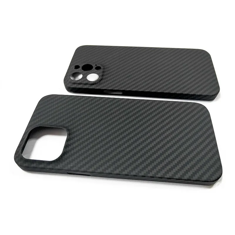 Black Kevlar aramid fibre phone case for iPhone 12 series with business stripe pattern and fine hole texture