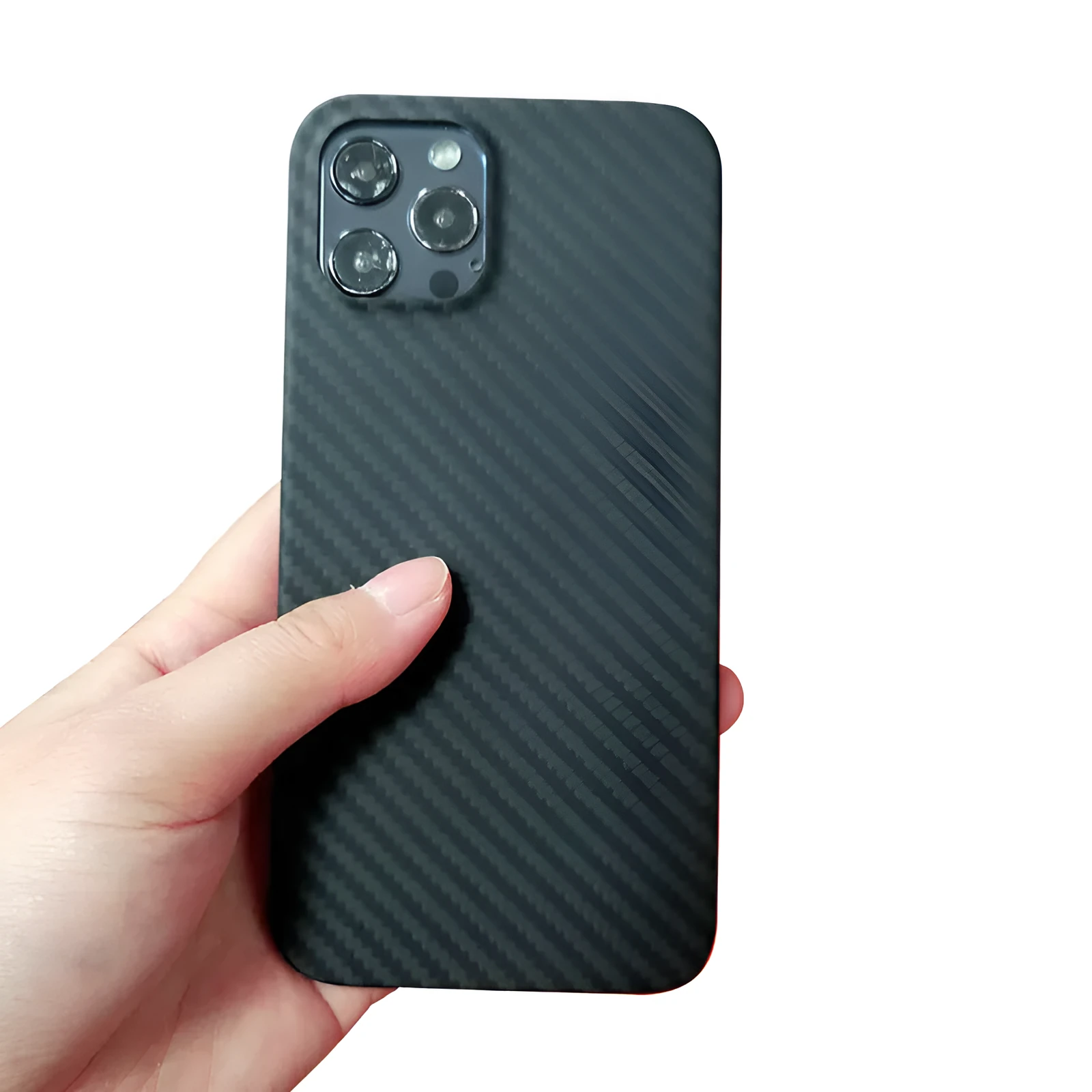 Black Kevlar aramid fibre phone case for iPhone 12 series with business stripe pattern and fine hole texture