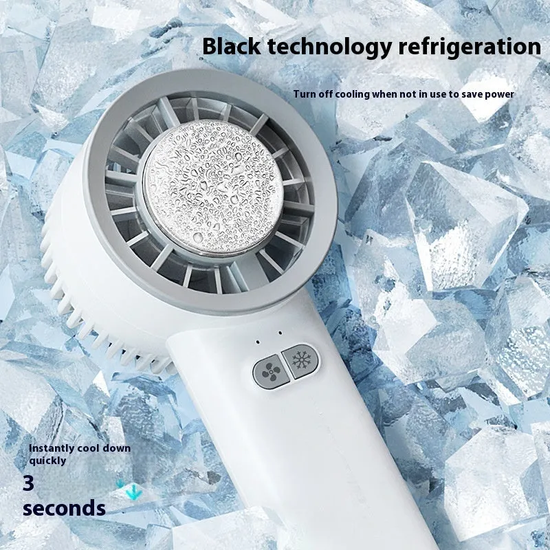 Mini handheld turbo jet fan in white with brushless motor, 3600mAh battery, and ice-cool function