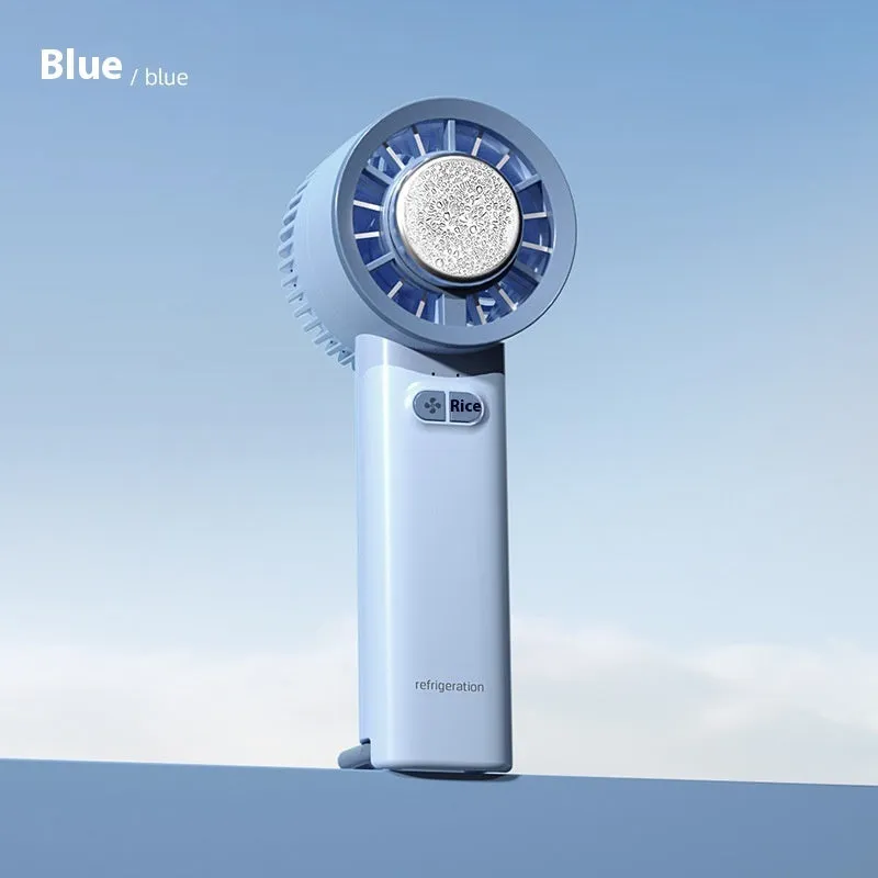 Mini handheld turbo jet fan in white with brushless motor, 3600mAh battery, and ice-cool function