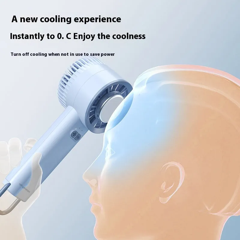 Mini handheld turbo jet fan in white with brushless motor, 3600mAh battery, and ice-cool function