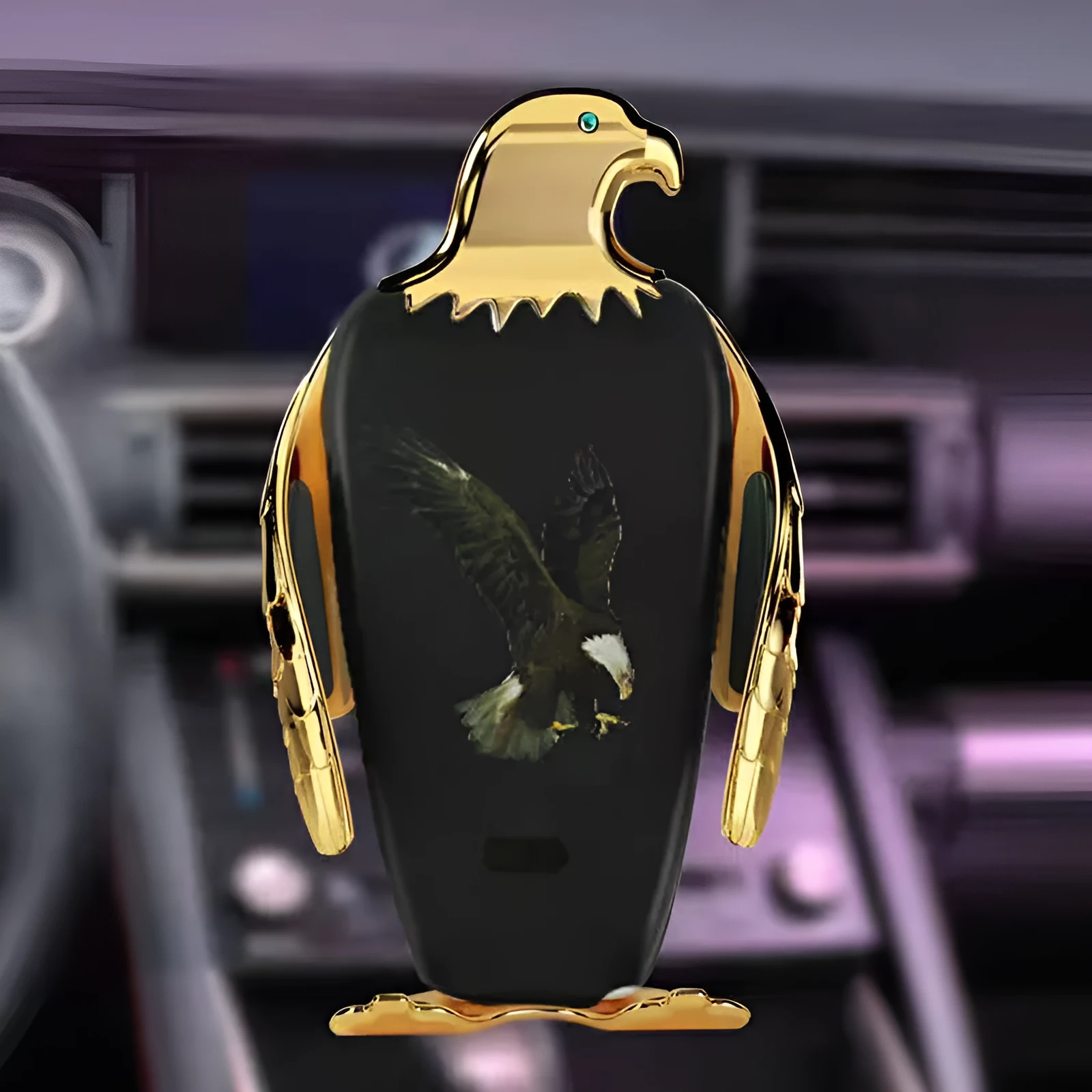 Car phone holder with magnetic wireless charging base mounted on dashboard showing phone attachment