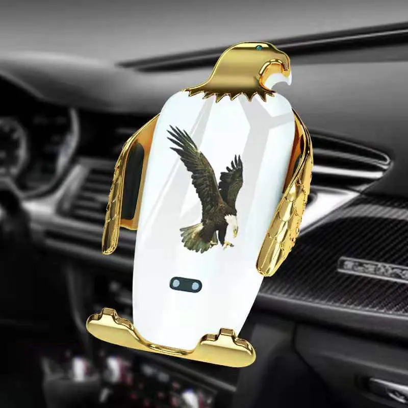 Car phone holder with magnetic wireless charging base mounted on dashboard showing phone attachment