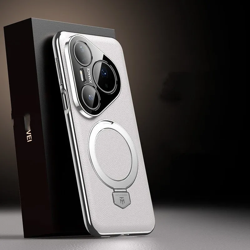 Magnetic rotating bracket phone case for Huawei Pura70 with frosted feilin finish in Camlet White