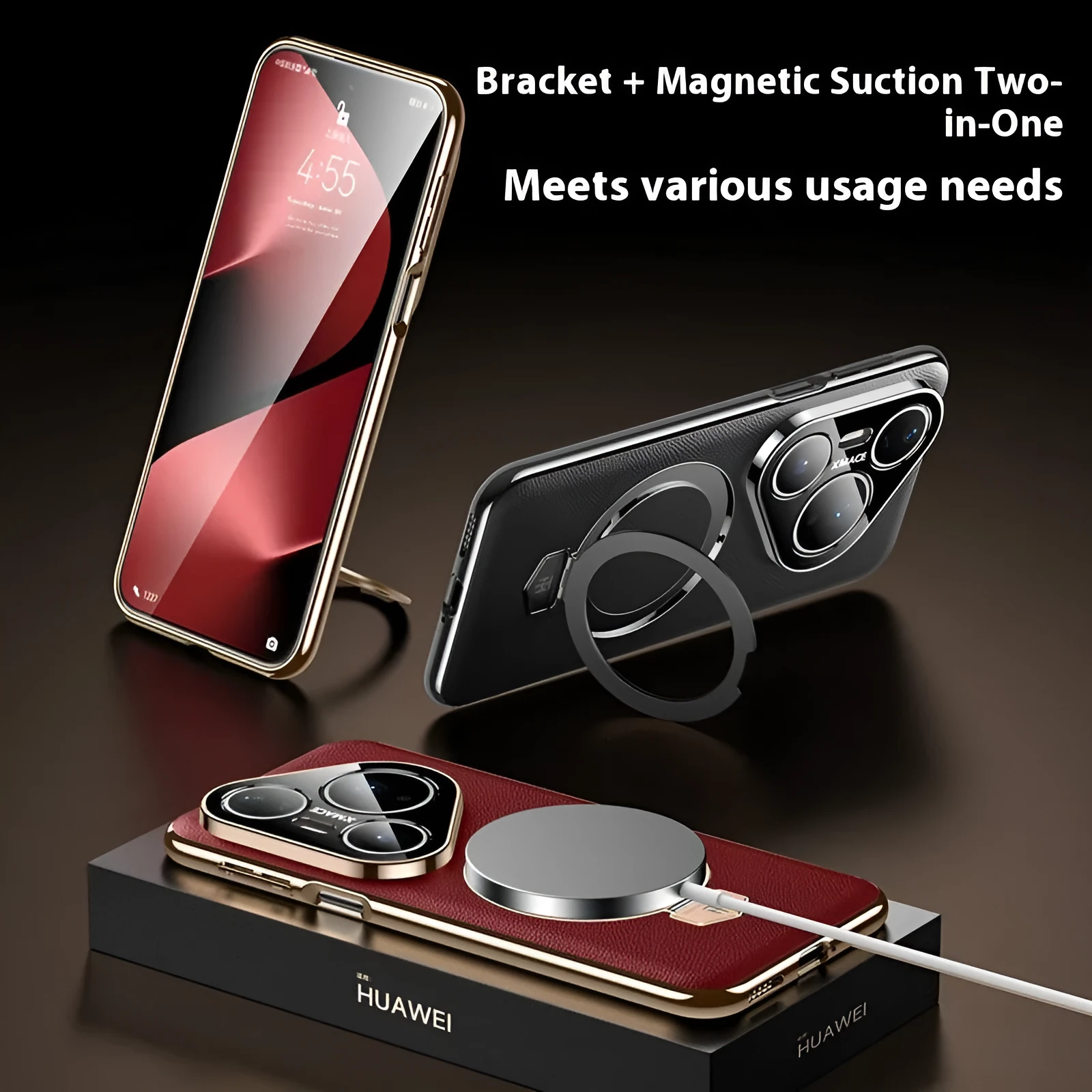 Magnetic rotating bracket phone case for Huawei Pura70 with frosted feilin finish in Camlet White