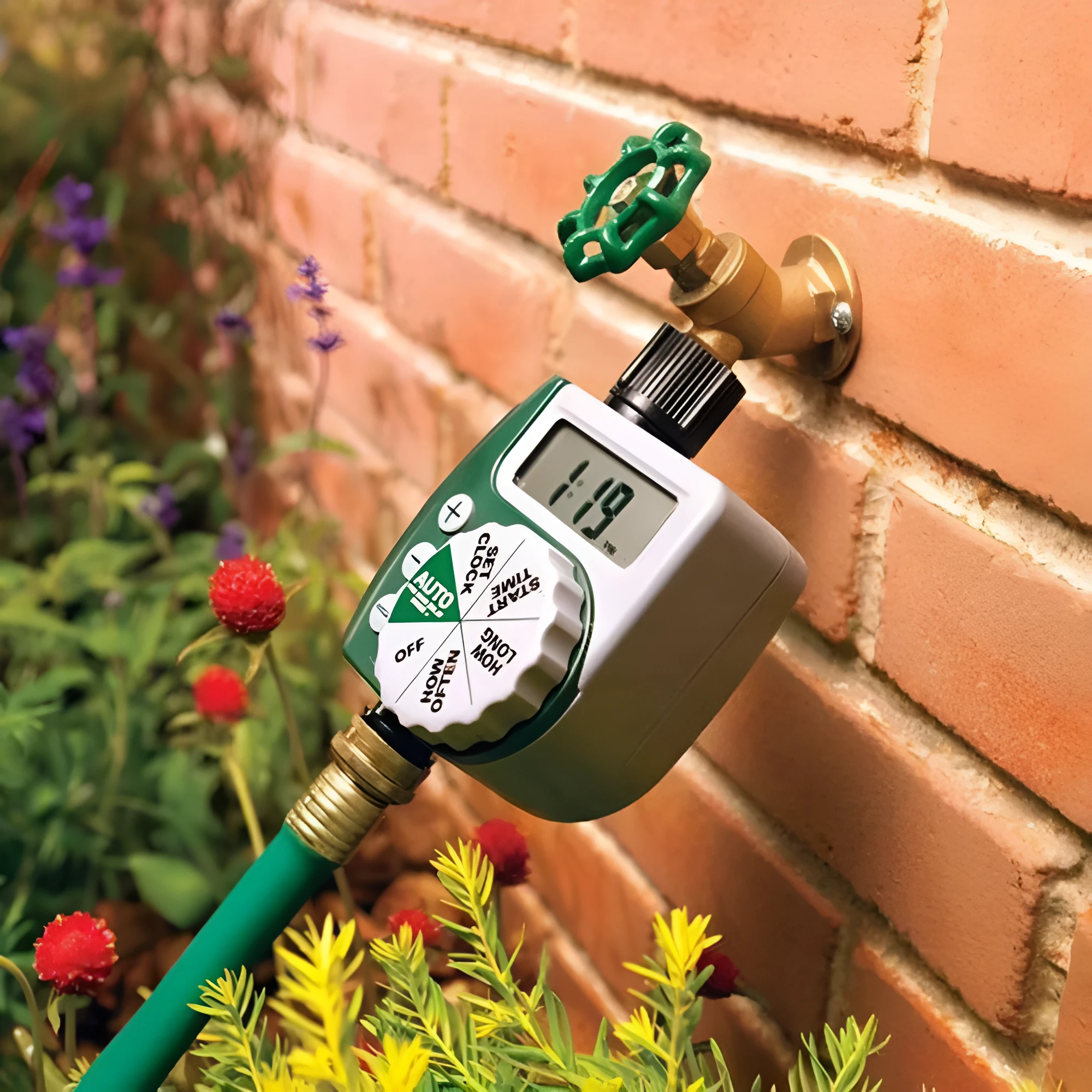 Green garden irrigation controller with LCD display and rotary dial for automatic hose timer