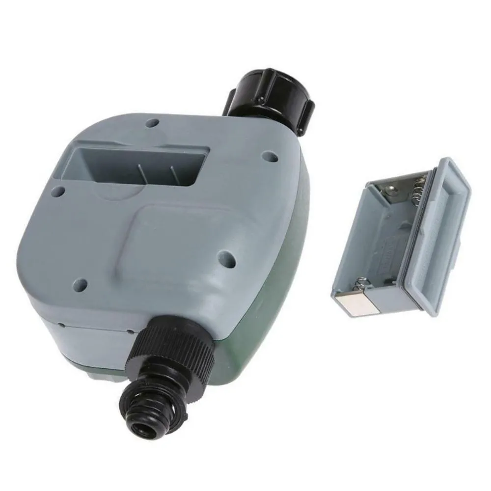 Green garden irrigation controller with LCD display and rotary dial for automatic hose timer
