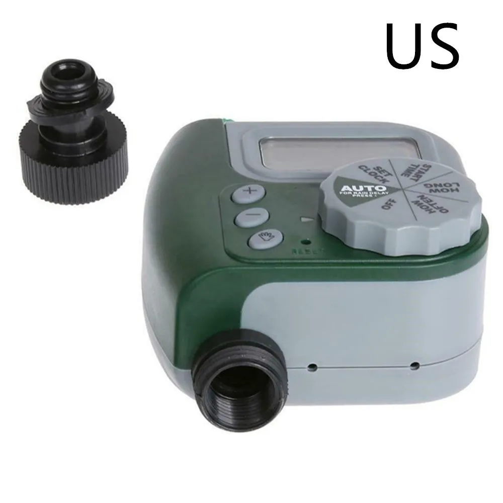 Green garden irrigation controller with LCD display and rotary dial for automatic hose timer