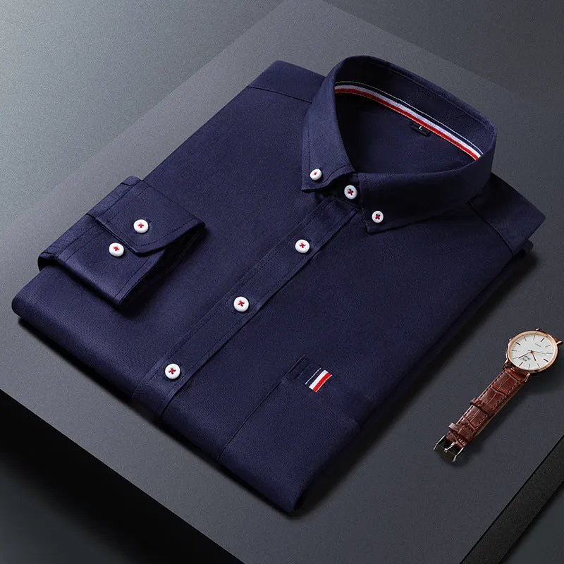 Men's casual polyester dress shirt in blue, available in sizes M to 4XL for daily business wear