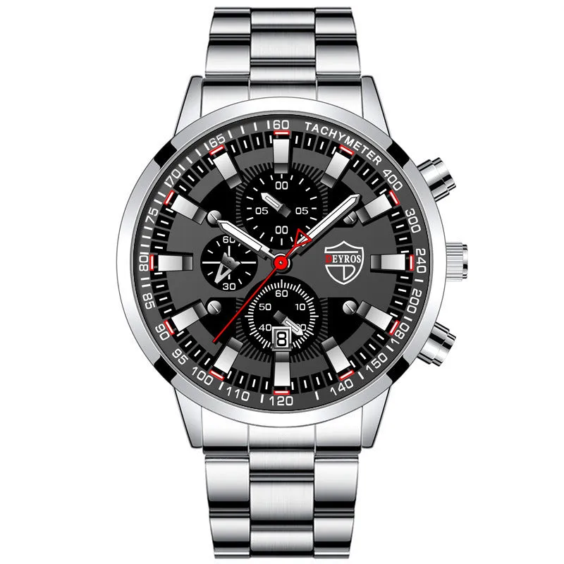 Stainless steel luminous quartz wristwatch for men, black dial, 42mm, stainless steel band with single fold buckle