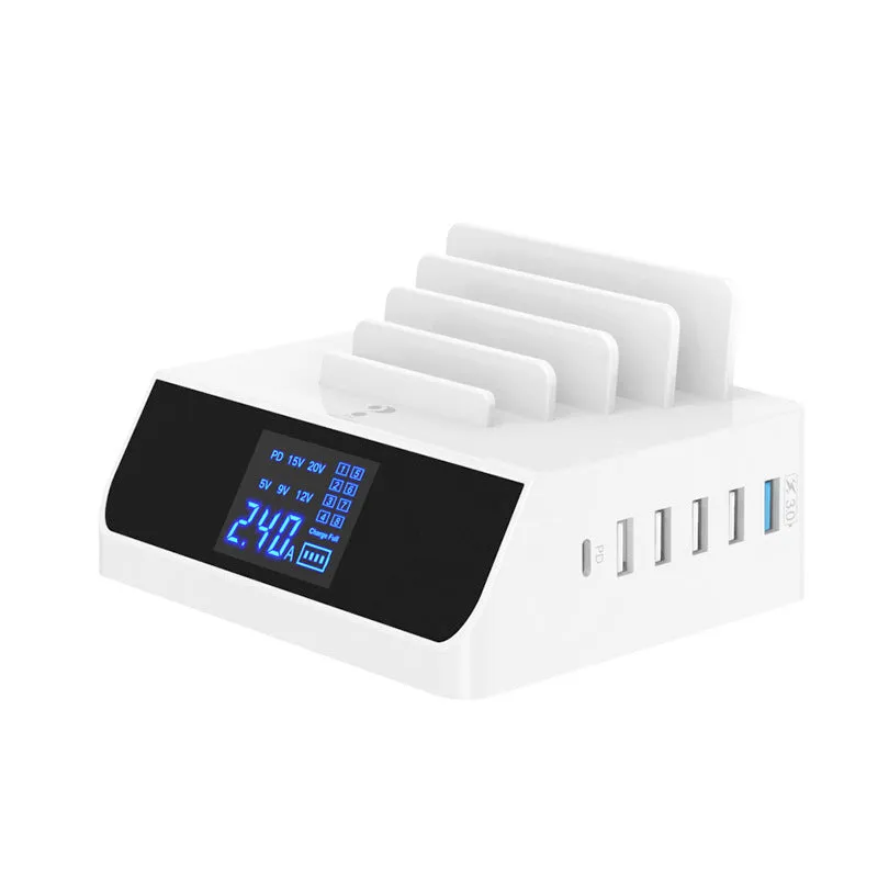 White smart display mobile phone charger bracket with PD multi-port and UK EU US adapters