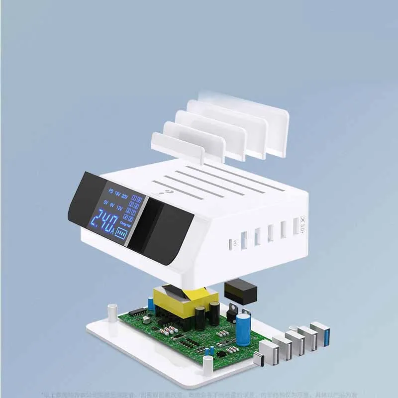 White smart display mobile phone charger bracket with PD multi-port and UK EU US adapters