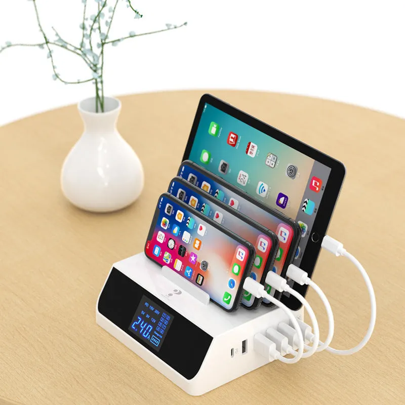 White smart display mobile phone charger bracket with PD multi-port and UK EU US adapters