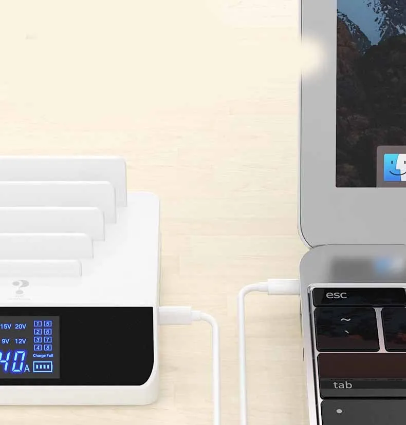 White smart display mobile phone charger bracket with PD multi-port and UK EU US adapters