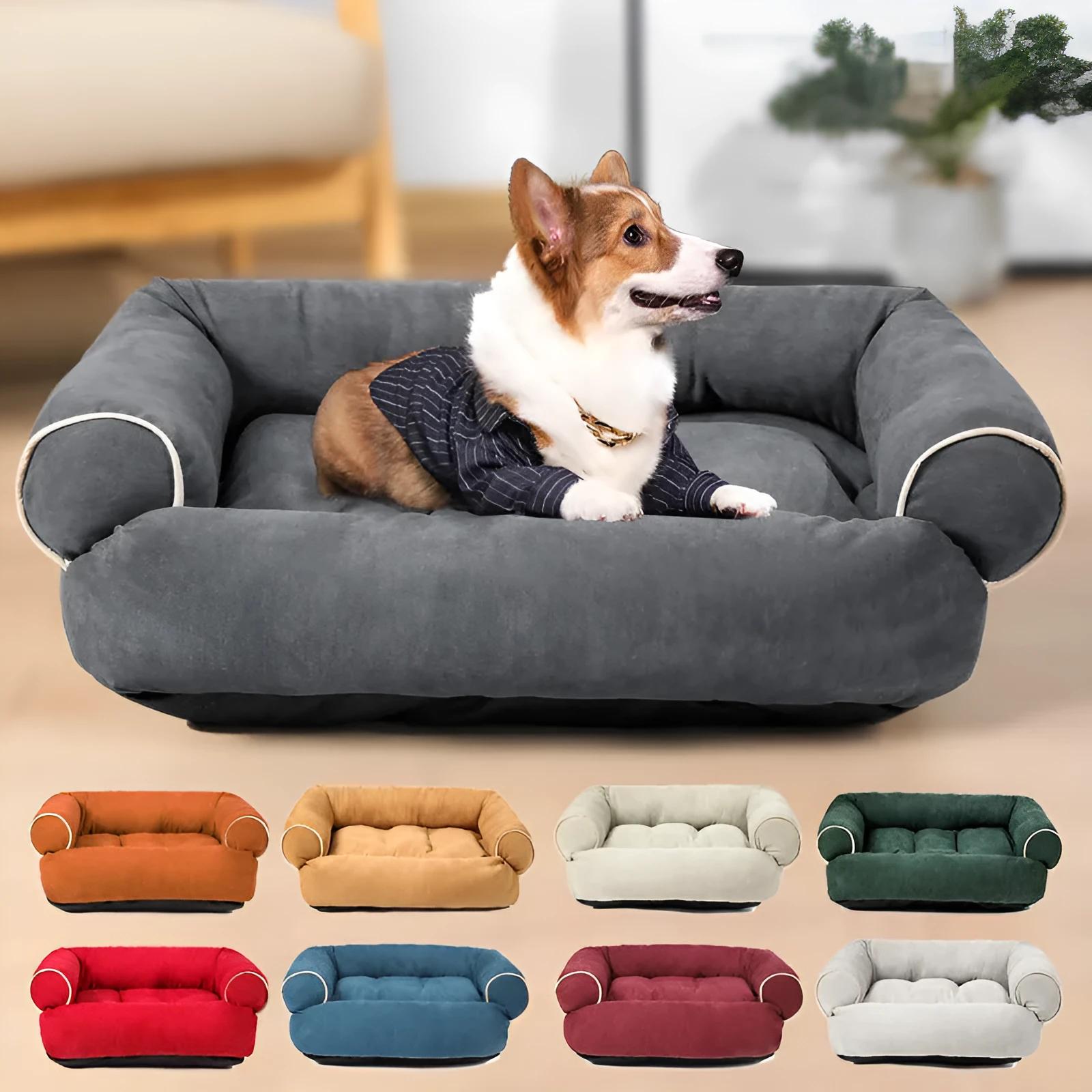 Dog sofa bed with plush fabric surface and high-elastic PP cotton padding in multiple colours and sizes