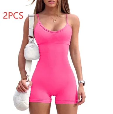 Spaghetti strap shorts jumpsuit for women, solid colour nylon spandex fitness romper, black.