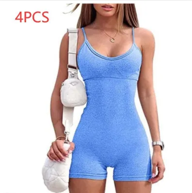 Spaghetti strap shorts jumpsuit for women, solid colour nylon spandex fitness romper, black.