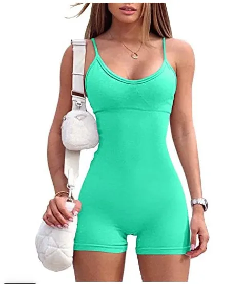 Spaghetti strap shorts jumpsuit for women, solid colour nylon spandex fitness romper, black.