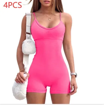 Spaghetti strap shorts jumpsuit for women, solid colour nylon spandex fitness romper, black.