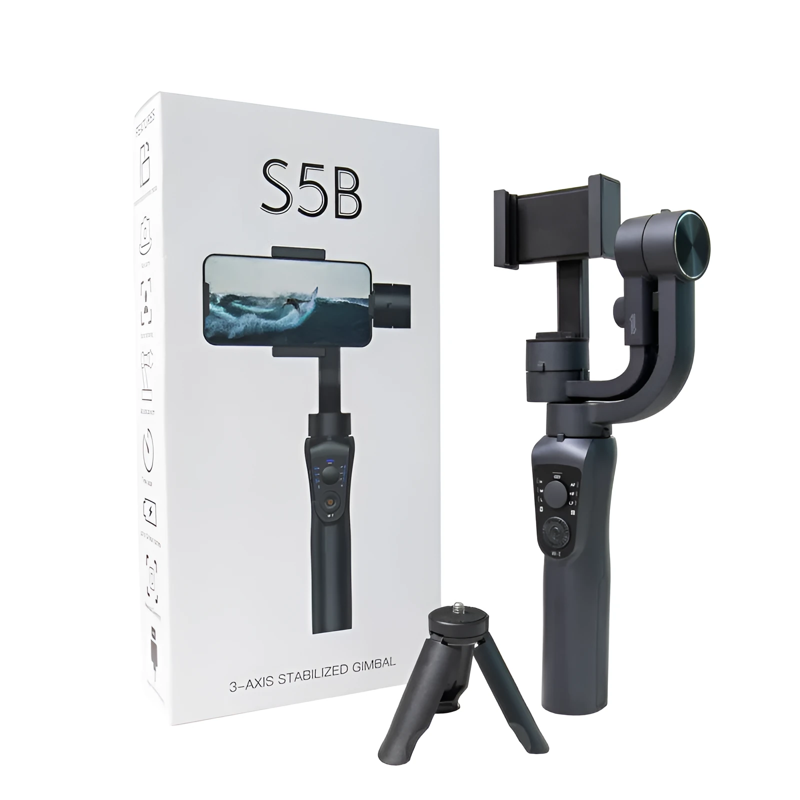 Black three-axis handheld gimbal stabiliser for mobile phone with ABS+PC handle