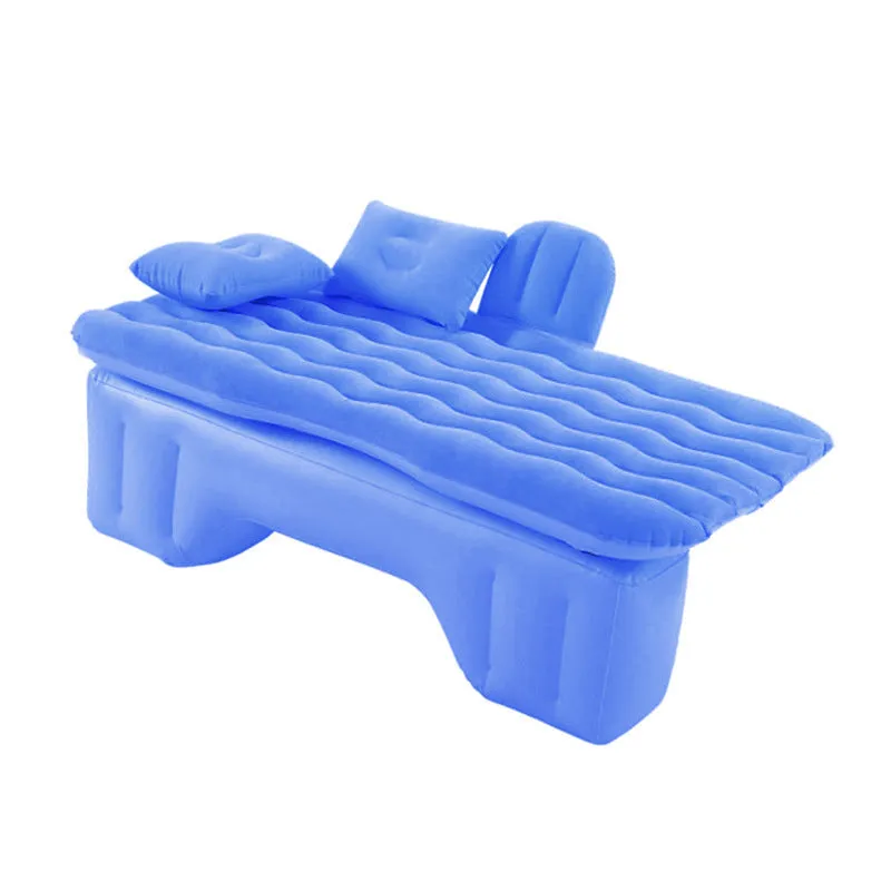 Blue car inflatable mattress with two pillows folded for storage, 135x70cm