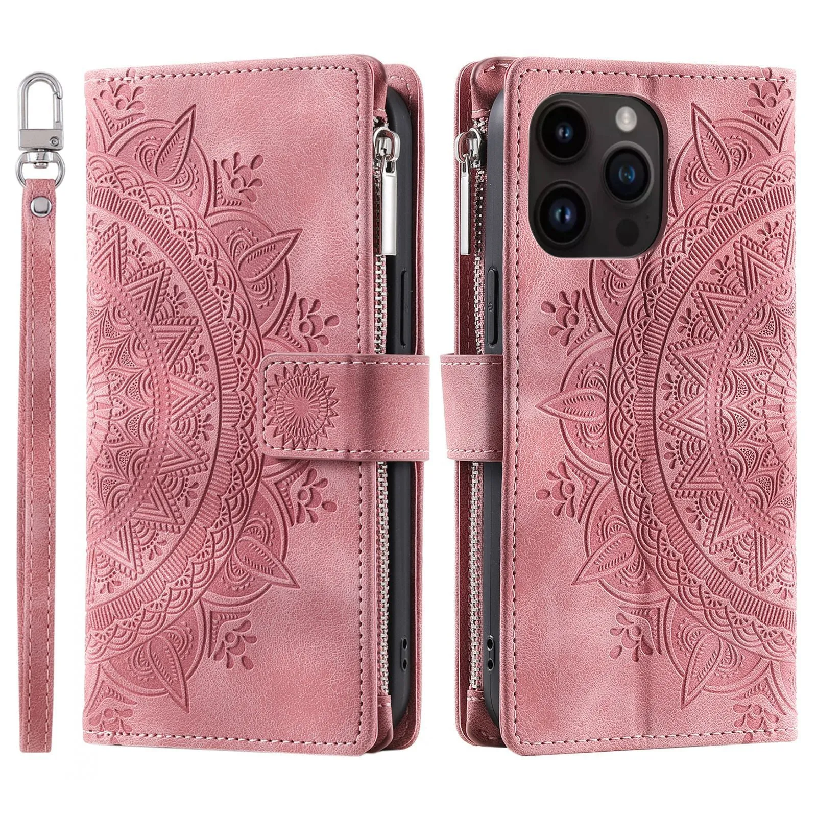 Faux leather card zipper phone case in purple with embossed texture and magnetic closure for iPhone 16