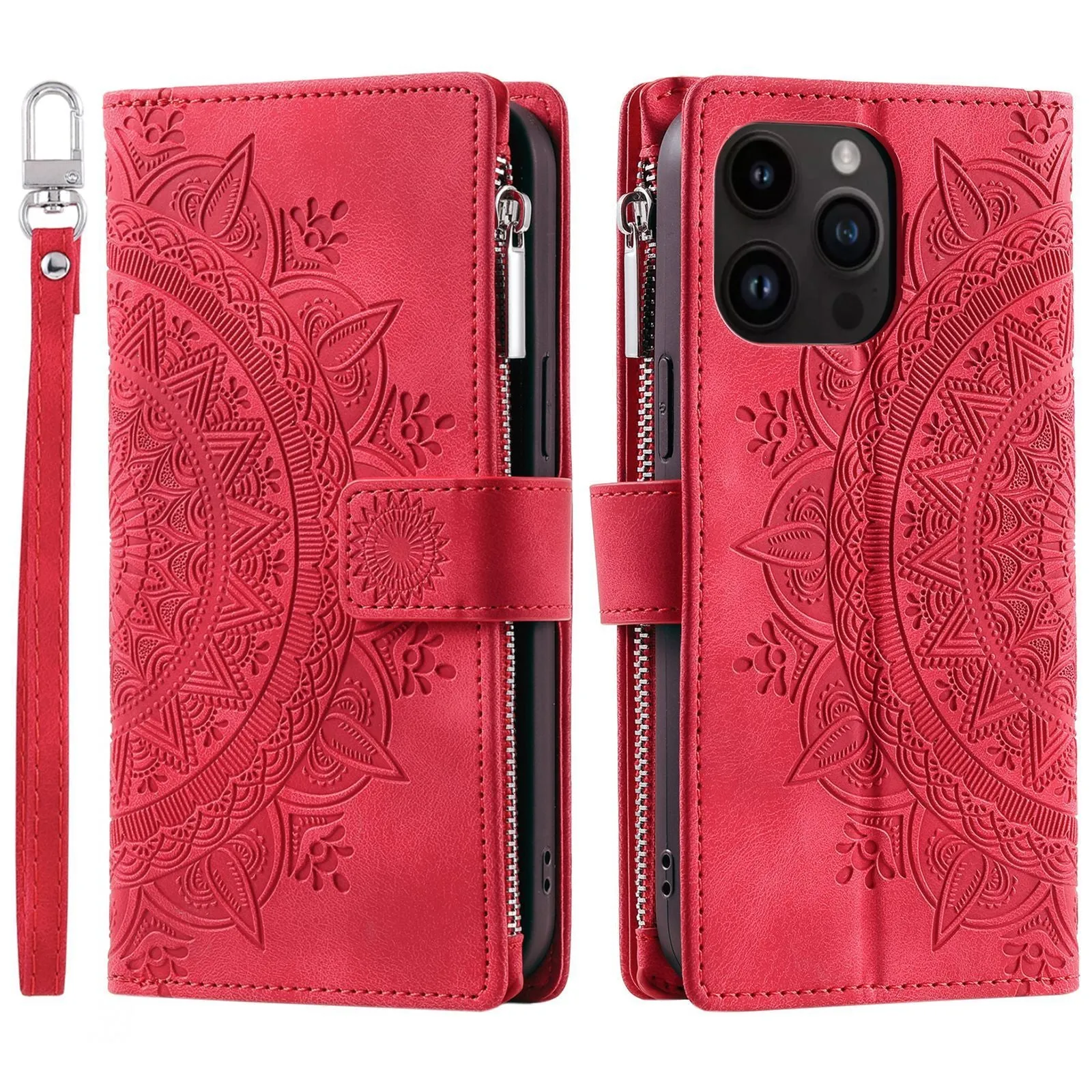 Faux leather card zipper phone case in purple with embossed texture and magnetic closure for iPhone 16